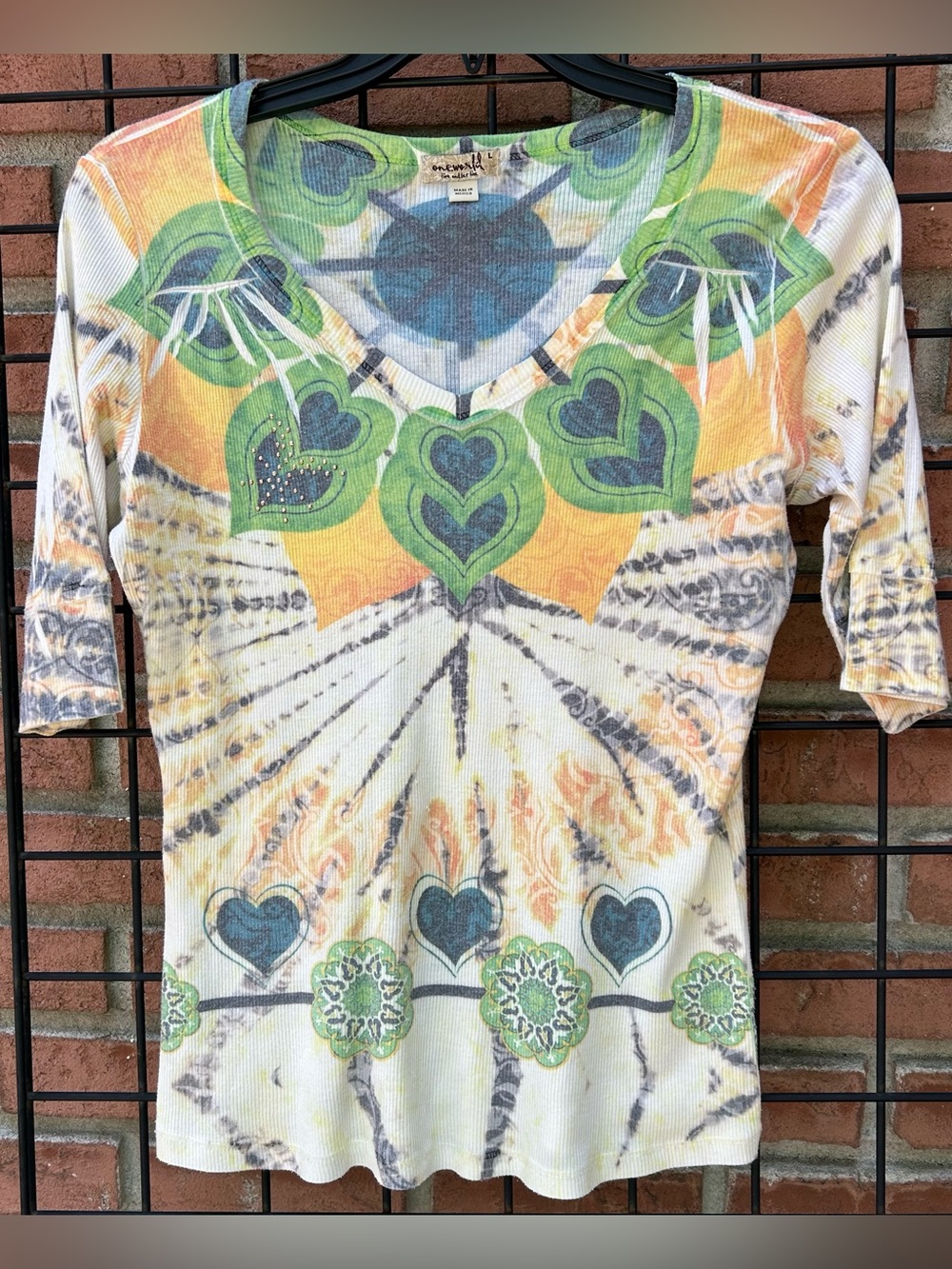 ONE WORLD Multicolor Tie-Dye V-Neck Top with Green Heart Accents